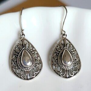 Vintage Chunky Boho Western Filigree Sterling Silver Teardrop Dangle Earrings
